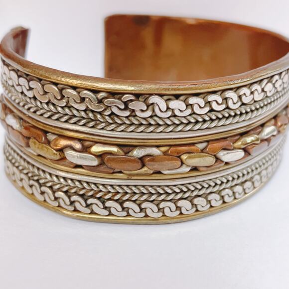 Vintage Boho Copper Mixed Metal Cuff Bracelet 1970s Ethnic Revival Jewelry - Picture 7 of 11